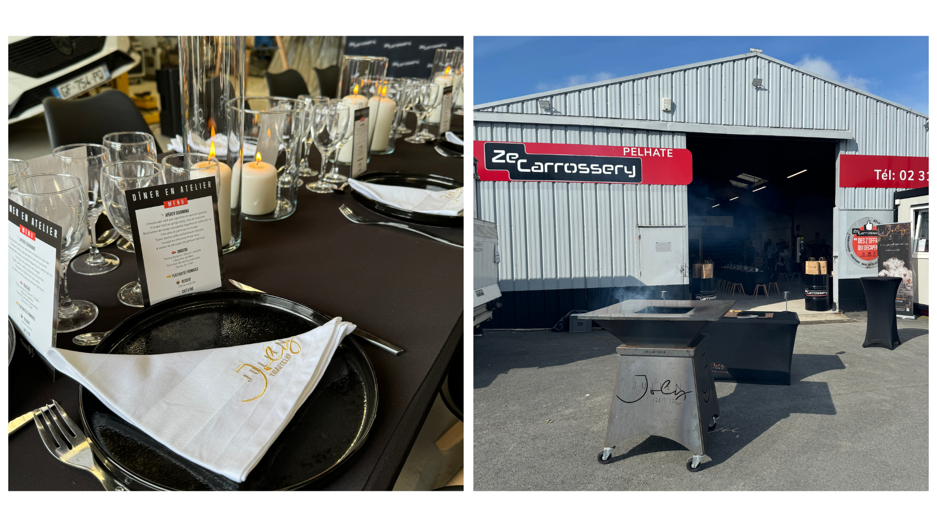 Photo de la carrosserie Pelhate à Saint-Loup-Hors et Photo de la mise en place de la table pour le diner en atelier